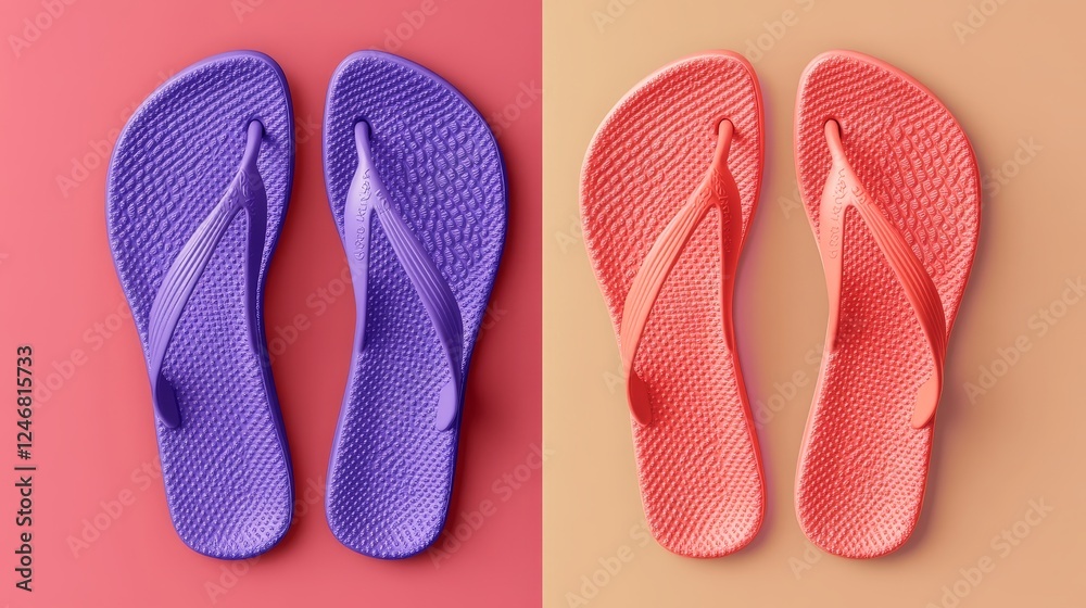 Overhead view of flip flops on the solid background. Horizontal. Ultra violet tone, color of the year 2018. Living coral theme - color of the year 2019 Overhead view of flip flops on the solid background. Horizontal. Ultra violet tone, color of the year 2018. Living coral theme - color of the year 2019