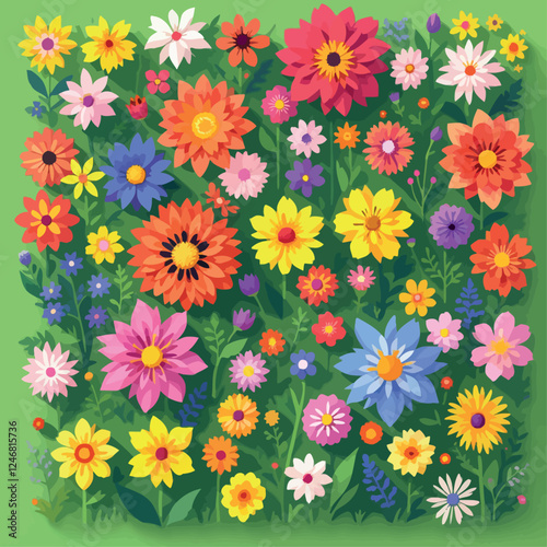 Colorful flowers blooming in a vibrant garden illustration