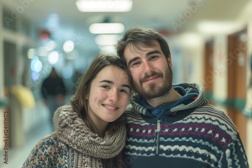 Wallpaper Mural Portrait of a content caucasian couple in their 20s wearing a cozy sweater over busy hospital hallway background Torontodigital.ca