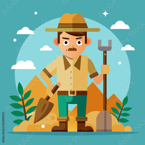 Archaeologist with shovel and fork standing against mountains