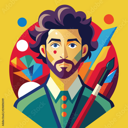 Artist portrait with colorful background and painting tools
