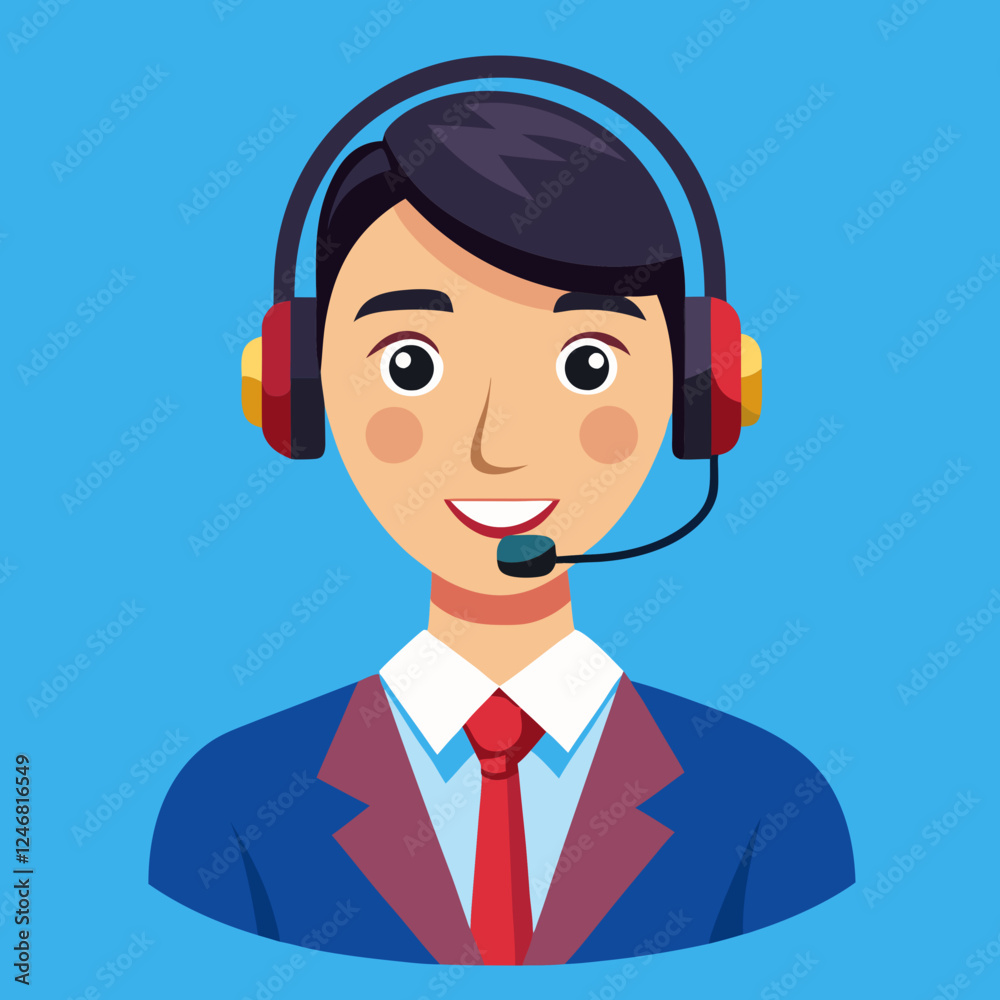 Call Center Agent smiling against blue background Call Center Agent smiling against blue background