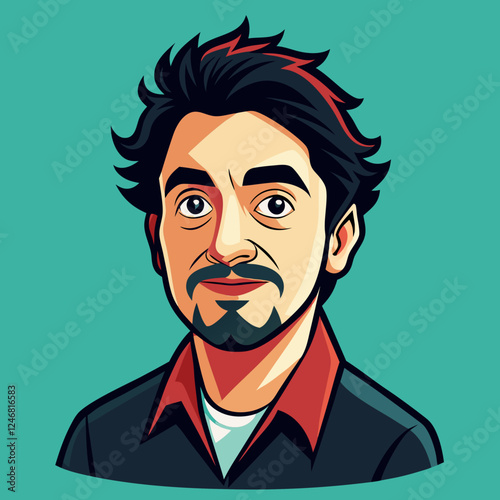 Cartoonist portrait smiling against teal background