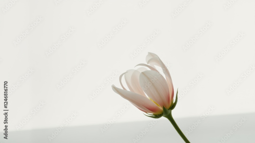 Fototapeta premium Single delicate blossom, pale petals, soft light, simple elegance, botanical beauty, nature's grace, serene floral image, minimalist composition