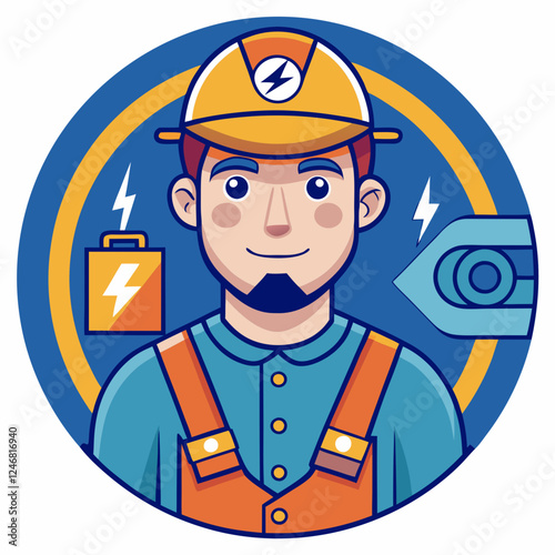 Electrician icon smiling with tools against a blue background