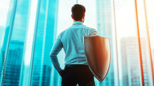 Businessman with shield stands strong in office, symbolizing protection and security.