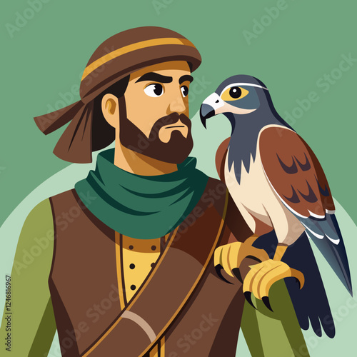 Falconer with falcon looking attentive against green background