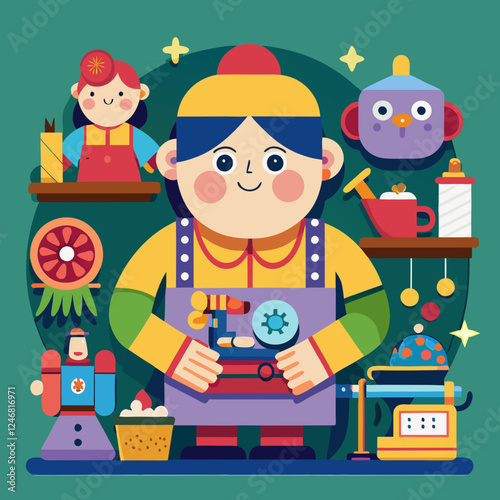 Doll Maker smiling while crafting dolls in a colorful workshop