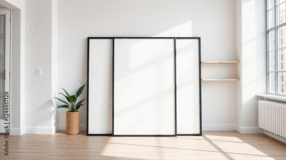 Modern Minimalist Interior Design with Blank Canvas Frames and Sunlight Modern Minimalist Interior Design with Blank Canvas Frames and Sunlight