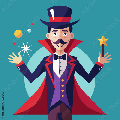 Magician performing tricks with colorful objects on vibrant background
