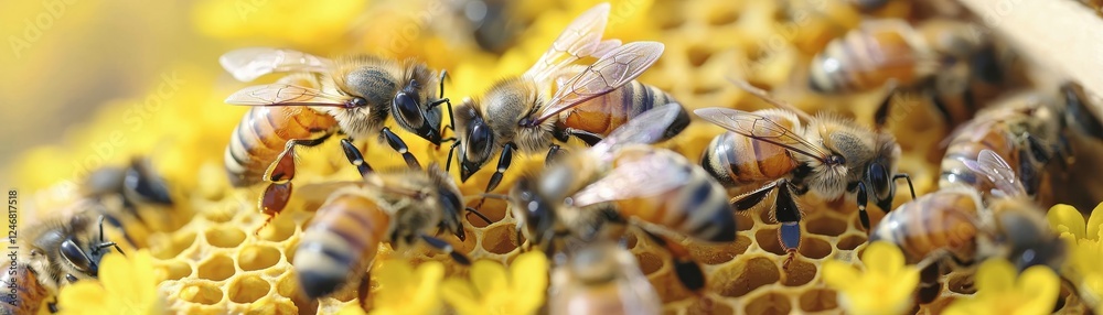 A close-up image of bees on a honeycomb, showcasing their busy activity among vibrant yellow flowers, illustrating the importance of pollination. A close-up image of bees on a honeycomb, showcasing their busy activity among vibrant yellow flowers, illustrating the importance of pollination.