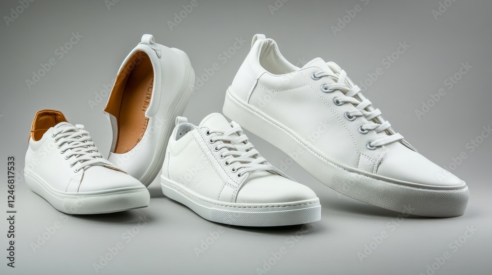 Naklejka premium Flying white leather womens sneakers isolated on gray background, different kind. Fashionable stylish sports casual shoes. Creative minimalistic layout with footwear. Advertising for shoe store, blog