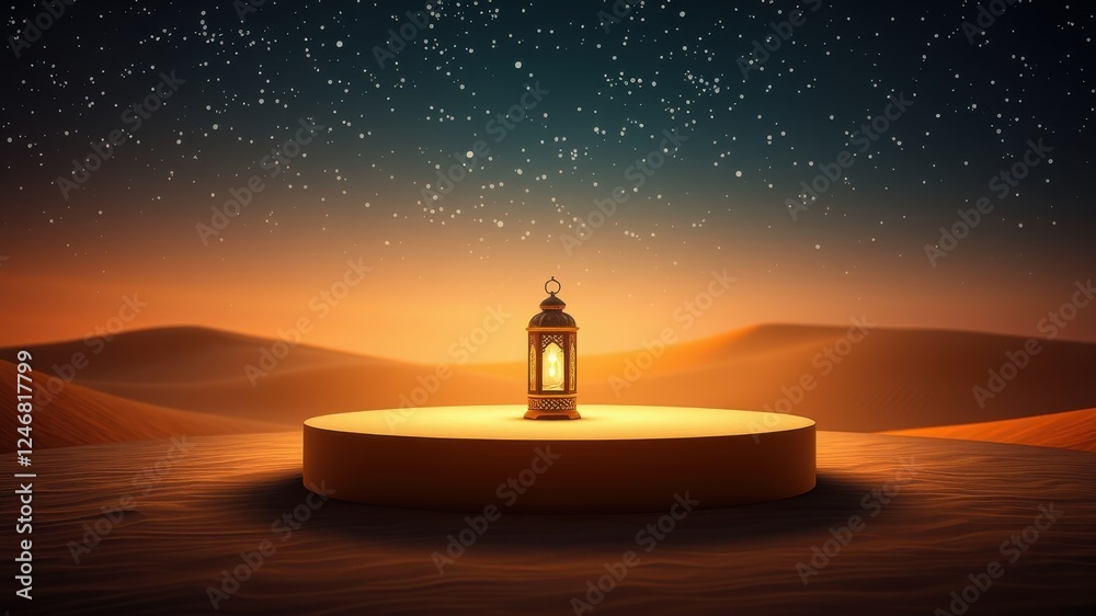 Illuminated Lantern on Desert Pedestal Under Starry Night Sky Illuminated Lantern on Desert Pedestal Under Starry Night Sky