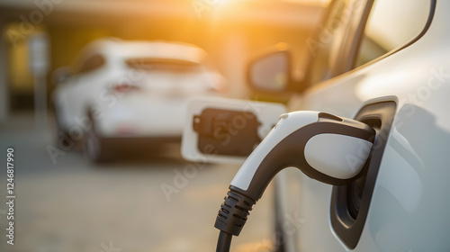 Electric vehicle charging at sunset, showcasing modern technology and sustainability for eco-friendly transportation solutions and energy conservation