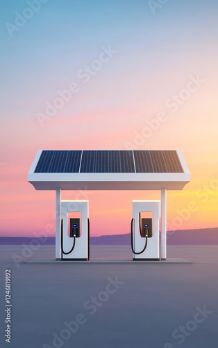 Solar-powered charging station under colorful sunset sky, symbolizing sustainable energy and innovation. photo