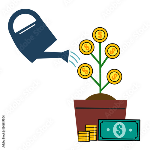 Illustration of a watering can with money plant. Investment banking element.