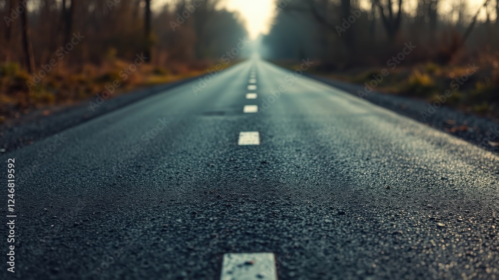 Asphalt Road Leading Through a Wooded Area at Dawn