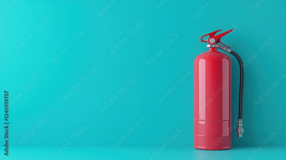 Fototapeta premium Bright Red Fire Extinguisher Leaning Against Turquoise Wall in Minimalistic Interior Setting