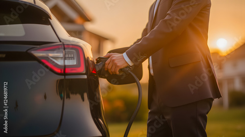 Professional Man Charging Electric Car at Sunset in Residential Area with Modern Home in Background