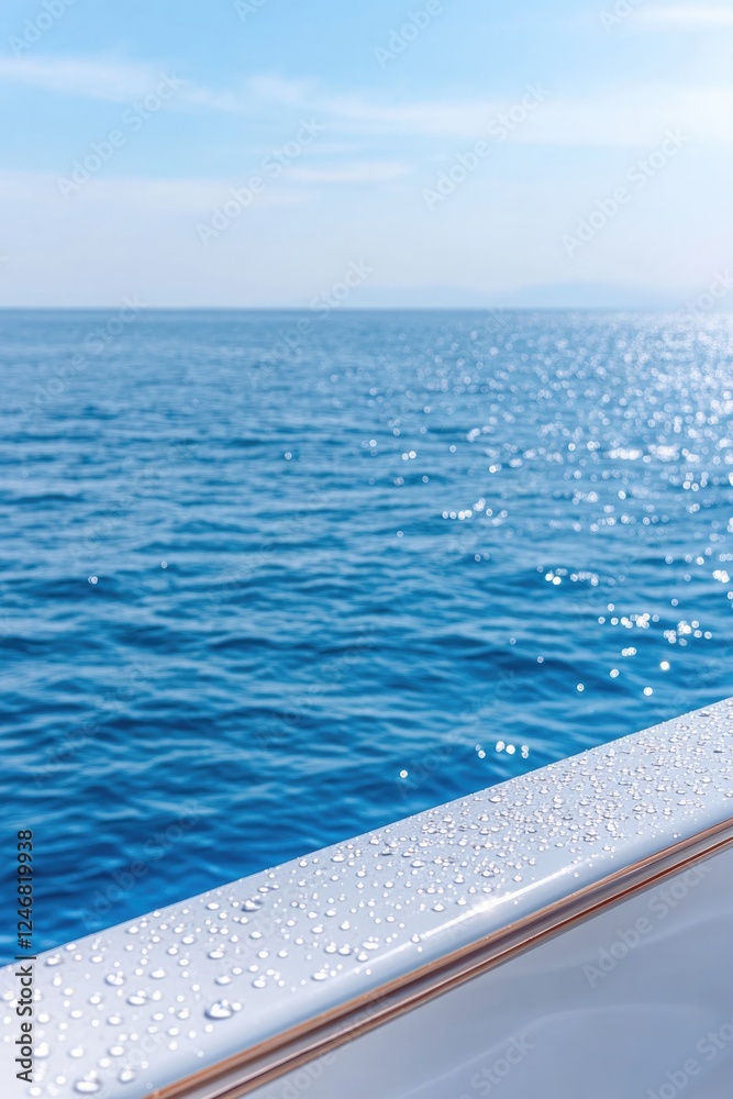 Obraz premium close-up of yacht polished railing with droplets of water glistening in sunlight captured against blurred ocean