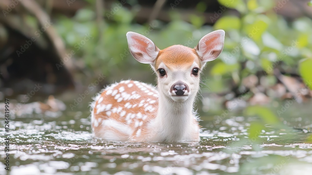 Fawn wading shallow stream, forest background, wildlife