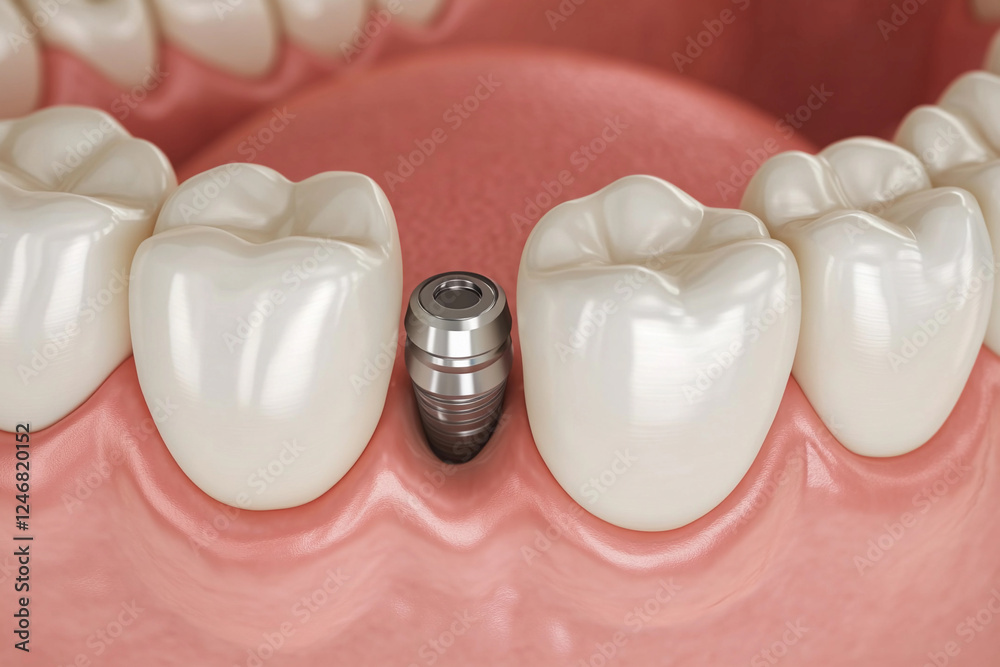 Dental implants displayed in a model of a human jaw demonstrating oral health and restoration procedures Dental implants displayed in a model of a human jaw demonstrating oral health and restoration procedures