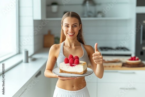 Smiling woman holds dessert topped with raspberries, showcasing low-carbohydrate diet featuring almond flour, perfect for weight loss. Concept focuses on low-carbohydrate diet options photo