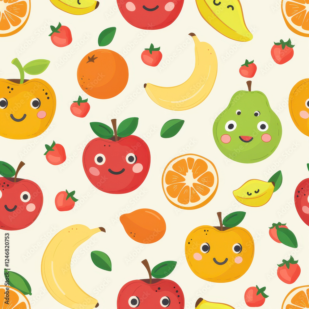 kawaii mixed fruit pattern featuring smiling apples, bananas, oranges, and pears, creating cheerful and playful design kawaii mixed fruit pattern featuring smiling apples, bananas, oranges, and pears, creating cheerful and playful design