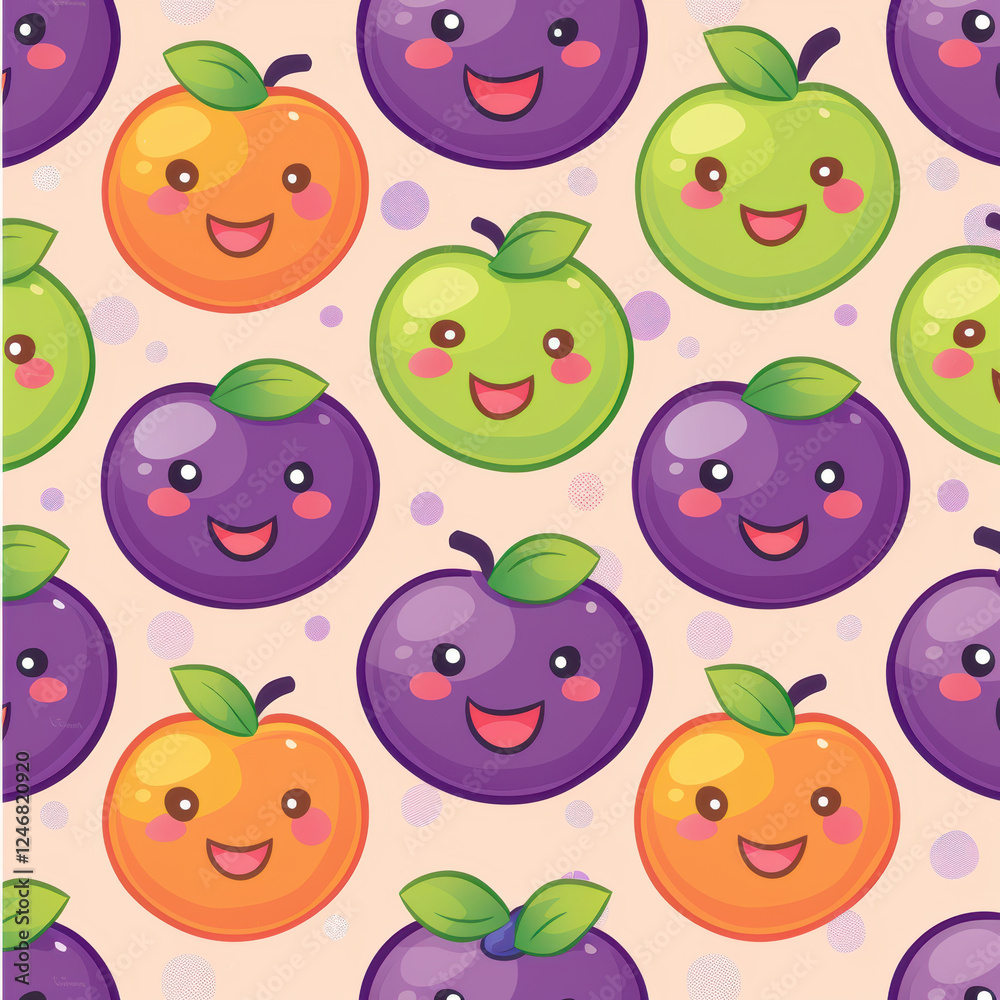 Kawaii style pattern featuring smiling cartoon fruits like peaches and plums, creating cheerful and playful atmosphere Kawaii style pattern featuring smiling cartoon fruits like peaches and plums, creating cheerful and playful atmosphere