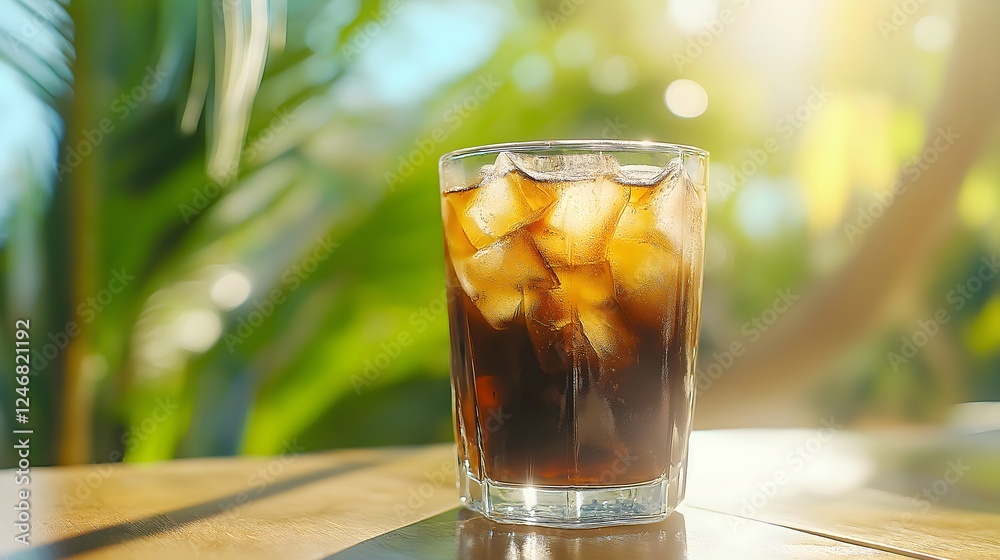 Refreshing cola with ice cubes on table in the sun in tropical setting Refreshing cola with ice cubes on table in the sun in tropical setting