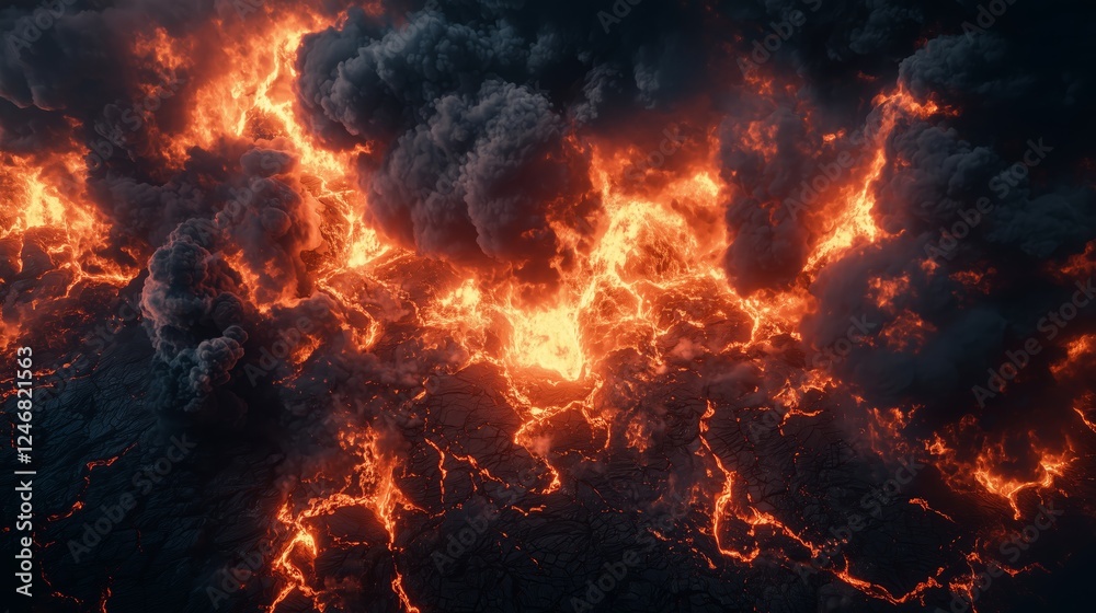 Molten Lava Flow Among Dark Clouds and Fiery Eruptions Molten Lava Flow Among Dark Clouds and Fiery Eruptions