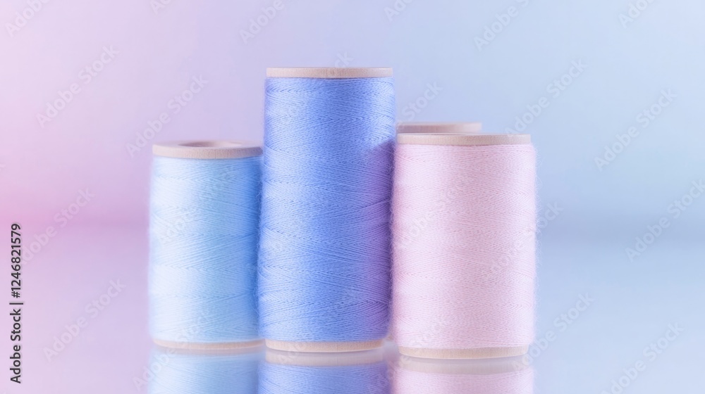 close-up of spools of thread in gradient color arrangement placed on reflective surface with diffused lighting close-up of spools of thread in gradient color arrangement placed on reflective surface with diffused lighting