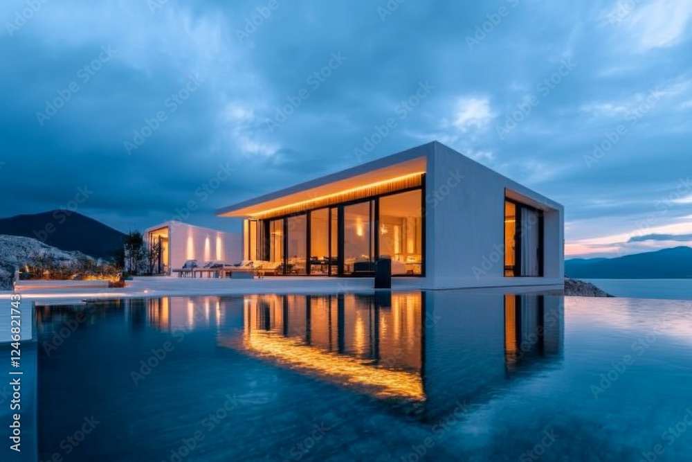 A luxurious villa overlooking the ocean, featuring open spaces and infinity pools A luxurious villa overlooking the ocean, featuring open spaces and infinity pools