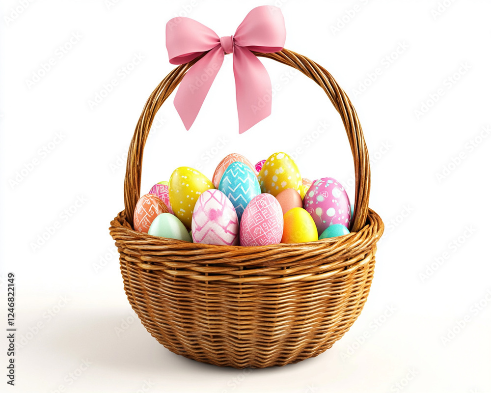 Naklejka premium Handwoven wicker basket filled with vibrantly colored Easter eggs, traditional festive arrangement symbolizing holiday joy