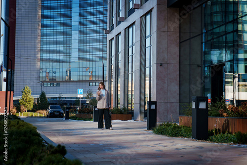A young businesswoman in stylish attire walks along a modern city street. She appears confident and focused, embodying the essence of professional urban life. 