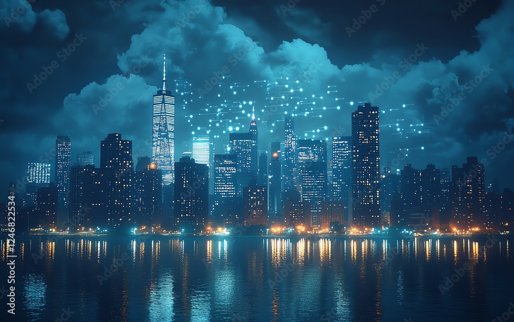Obraz premium Cloud storage and digital network icons illuminated above Manhattan skyline, symbolizing online data flow and connectivity, advanced technology, smart city concept