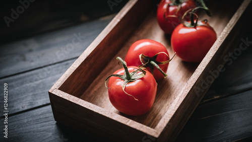 Frische Tomaten in einer rustikalen Holzkiste – Dark & ​​Moody Stil photo