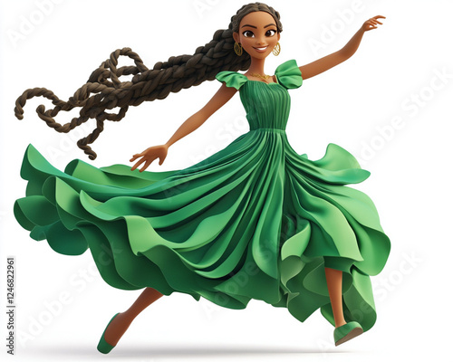 Graceful woman in flowing green dress spinning elegantly, dynamic movement portraying artistic dance and expressive freedom