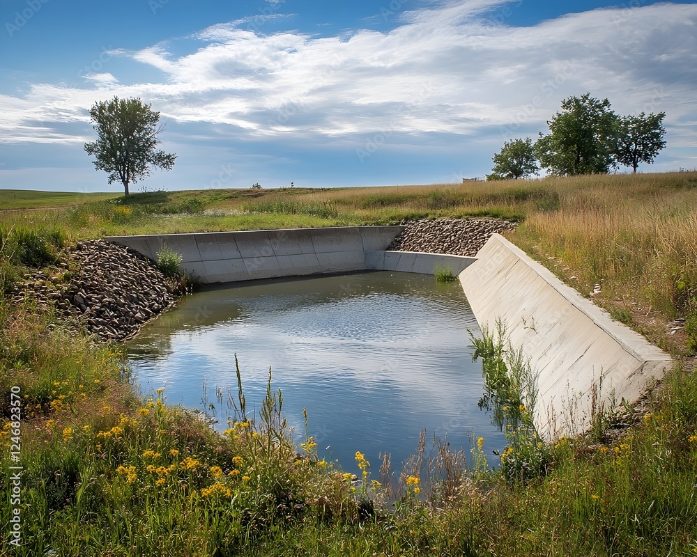 Modern Irrigation Reservoir in a Serene Rural Landscape Modern Irrigation Reservoir in a Serene Rural Landscape