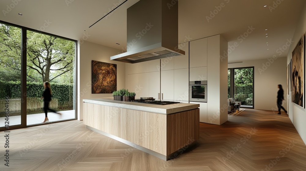 Fototapeta premium Bright kitchen interior featuring a large window and an oversized painting on the wall