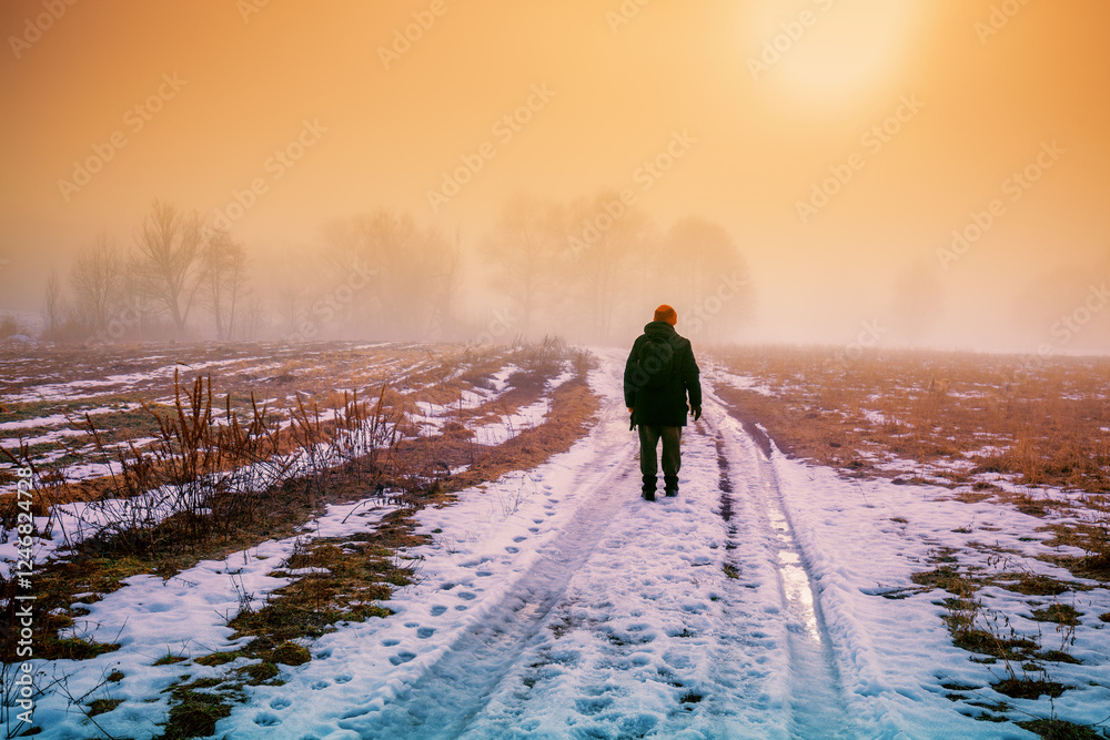 A man walks along a dirt road in the countryside on a foggy winter morning. The field is covered with the first snow