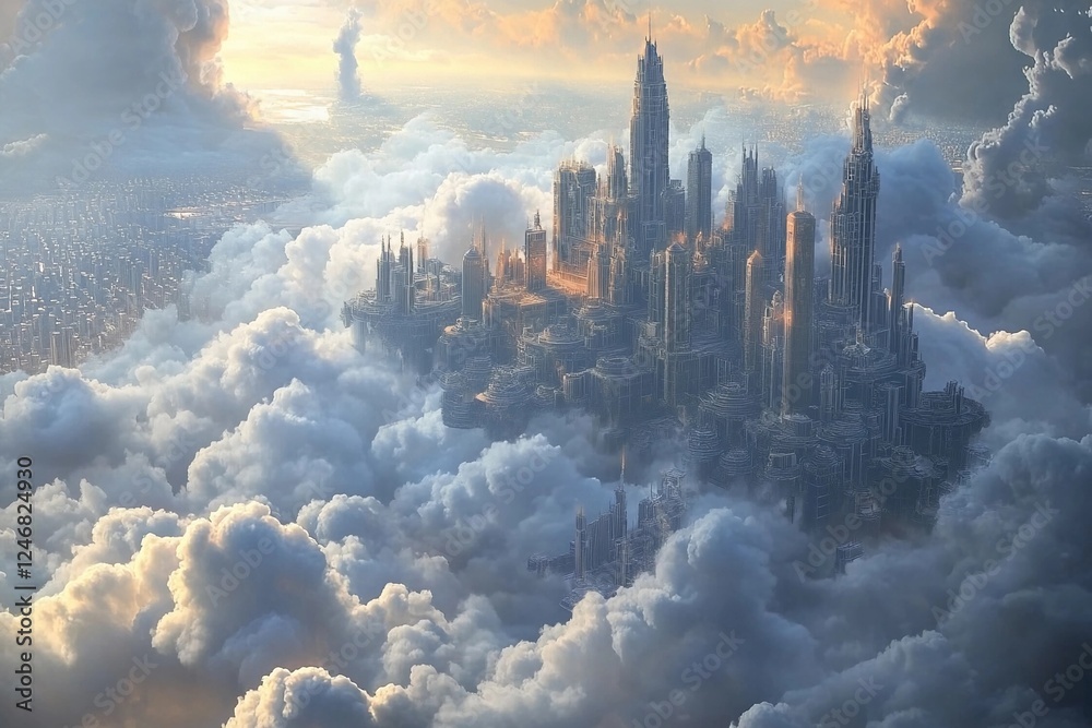 Fototapeta premium City of clouds with towering skyscrapers and serene blue sky at sunset