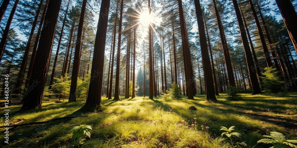 Obraz premium Sunlit Forest Path Through Tall Trees and Lush Grass