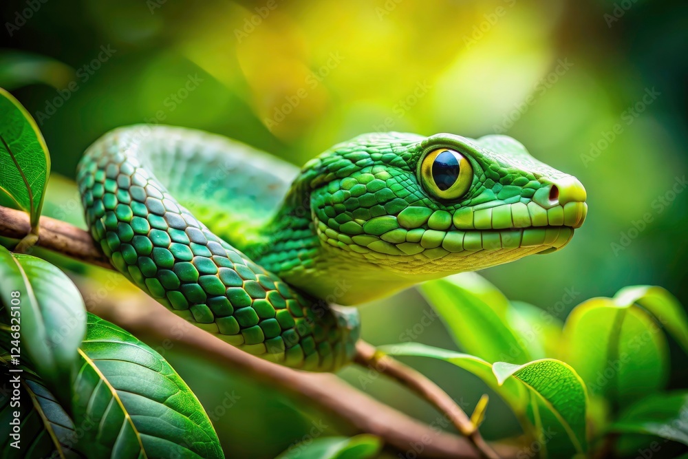Close-up tilt-shift photography reveals a tiny green snake's head.