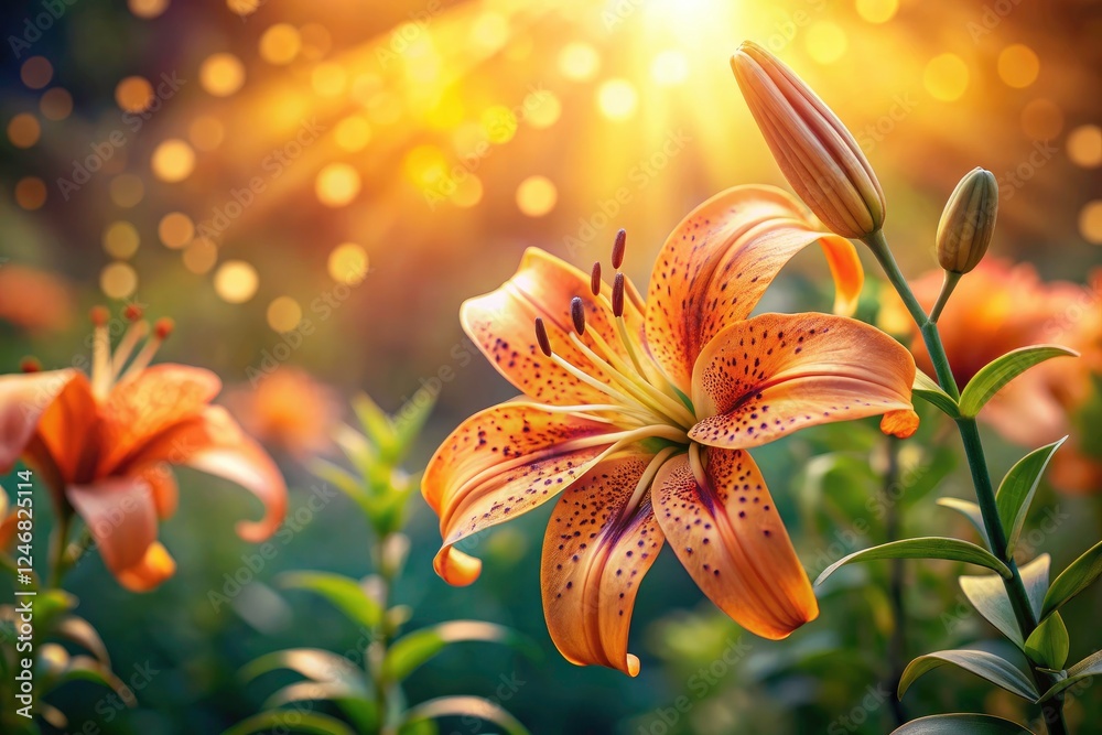 Fototapeta premium Close-up tiger lily blossoms bathed in bokeh; a breathtaking macro shot of flourishing garden beauty.