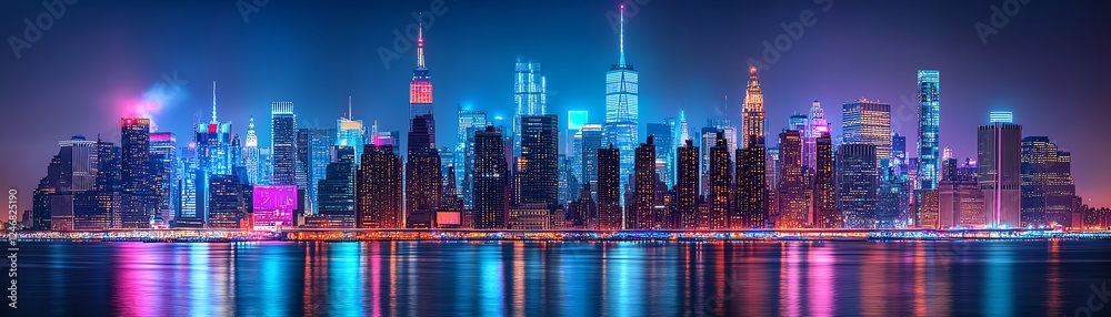 Obraz premium Manhattan skyline illuminated by digital network and cloud icons, showcasing online data flow, cloud storage, and connectivity in a smart city tech concept