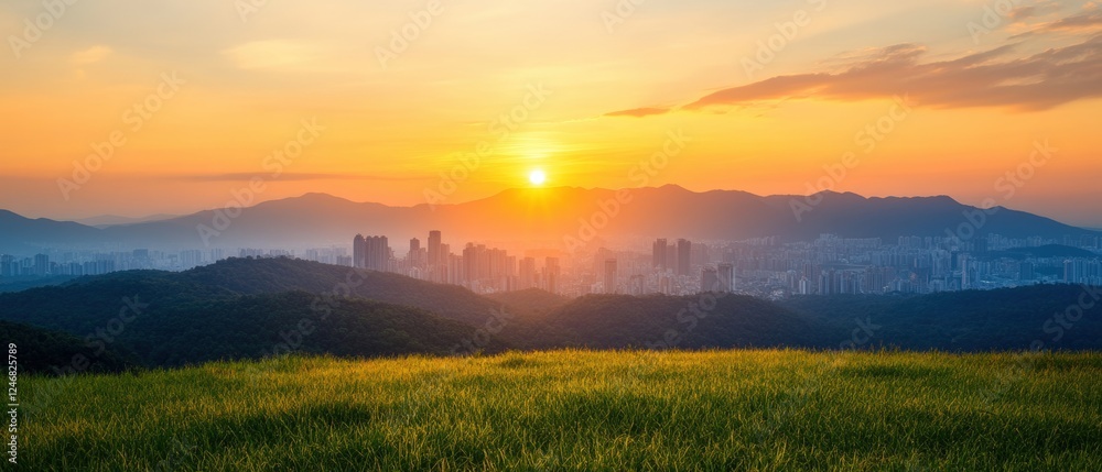 Fototapeta premium Scenic view of a city skyline from a hilltop during daytime with clear blue sky and distant mountains