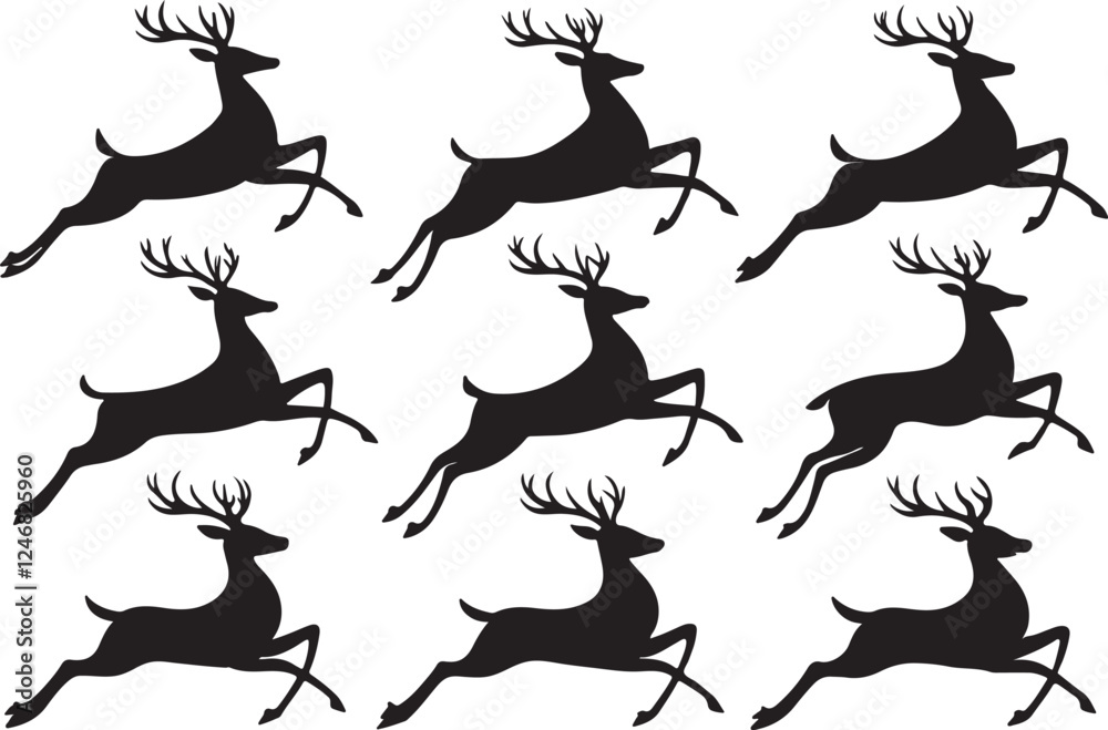 A vector set of running deer silhouette illustration design, black color deer symbols and signs, isolated on a white background. A vector set of running deer silhouette illustration design, black color deer symbols and signs, isolated on a white background.