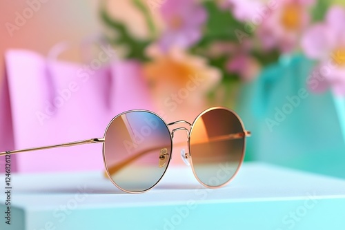 Stylish round sunglasses with gold frame on pastel background. photo