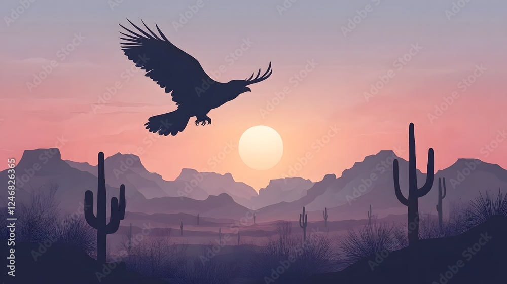 Naklejka premium A simple vector illustration of a sunset in the desert, featuring cacti and sandstone buttes